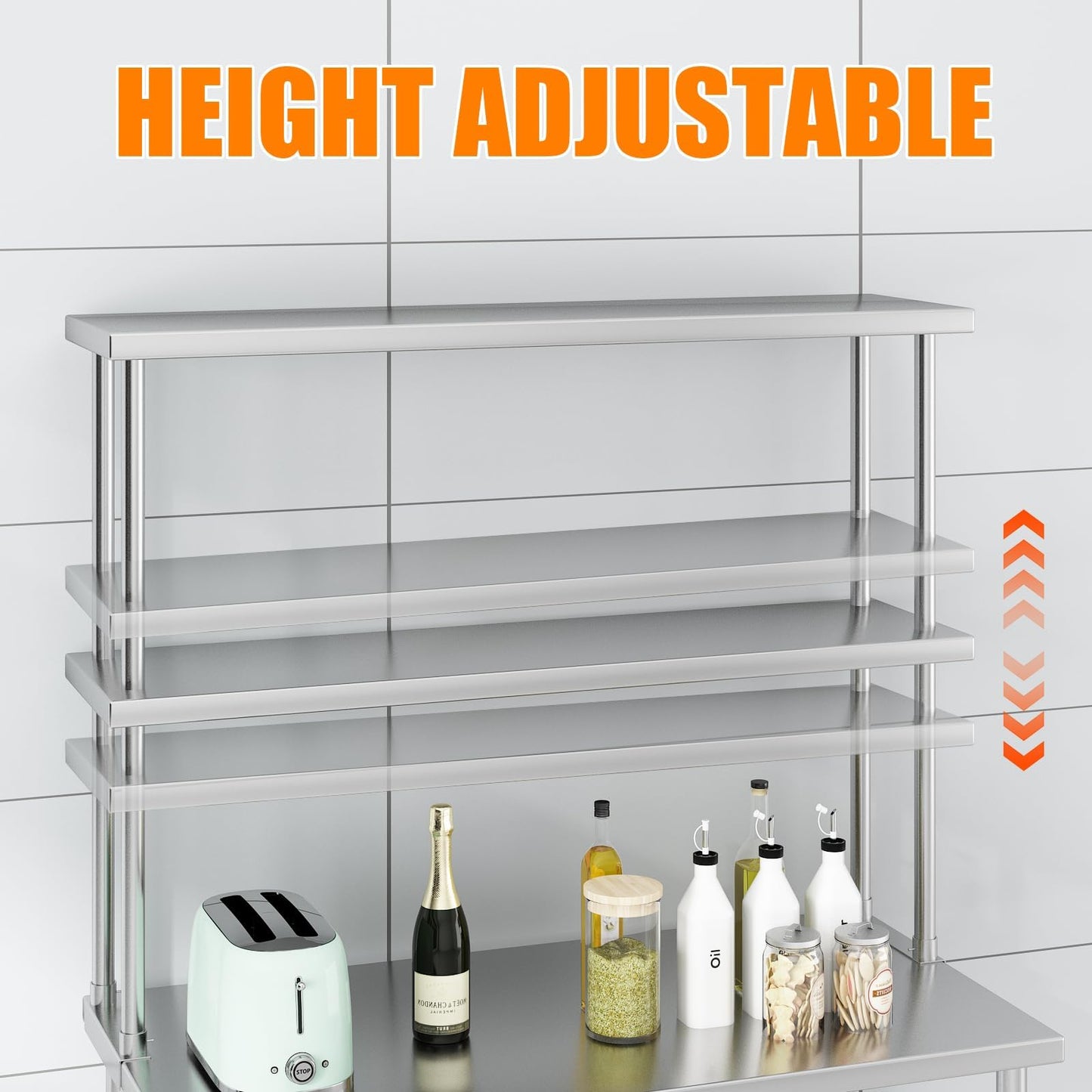 GarveeHome Heavy Duty Stainless Steel Double Overshelf for Commercial Kitchen - 2-Tier Adjustable Shelf (12 in x48 in) - 360 LB Capacity - Restaurant Prep Table, Workbench, Home & Garage Storage Rack