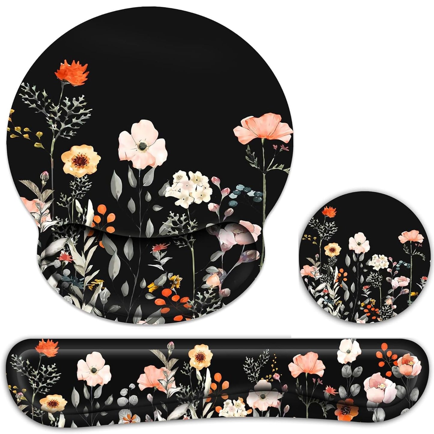G JGOO Mouse Pad with Wrist Rest and Keyboard Wrist Rest Set, Wrist Rest for Computer Keyboard Memory Foam Pain Relief with Non Slip Rubber Base for Office, Gaming, Computer, Laptop, Garden Flower