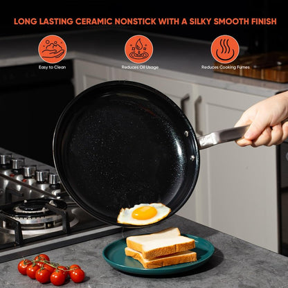 GLOBEHOME 5 Ply Ceramic Non Stick Frying Pans - 10 Inch Stainless Clad Nonstick Skillet, Non Toxic, PTFE & PFOA FREE, Professional Cookware for Induction, All Stoves and Oven up to 650°F