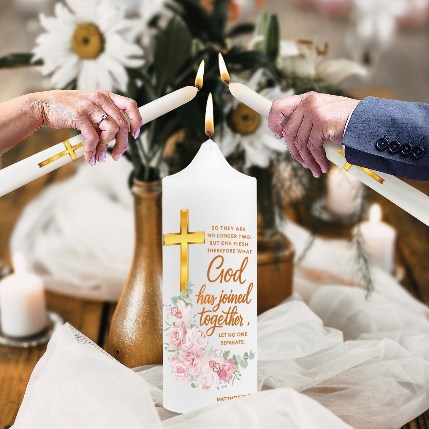 LakWilows Unity Wedding Candle Set with Distressed White & Gold Metal Holder, 3 Piece Wedding Ceremony Candles (8.27" Pillar + 2 Tapers), Cross & Matthew 19:6 Scripture, Catholic Gift for Couple