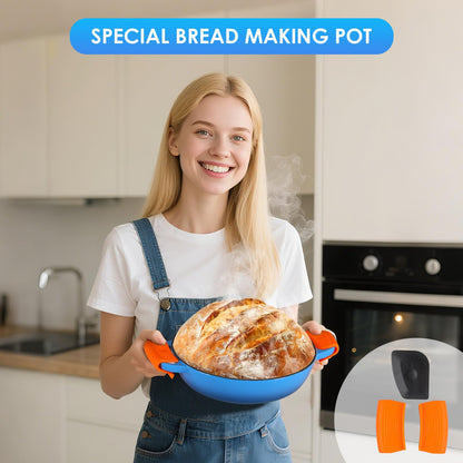 LIFERUN 6qt Enameled Cast Iron Dutch Oven for Sourdough Bread Baking, Non-Stick Dome-Shaped Bread Oven Pot with Lid, Silicone Handles and Scraper, Blue