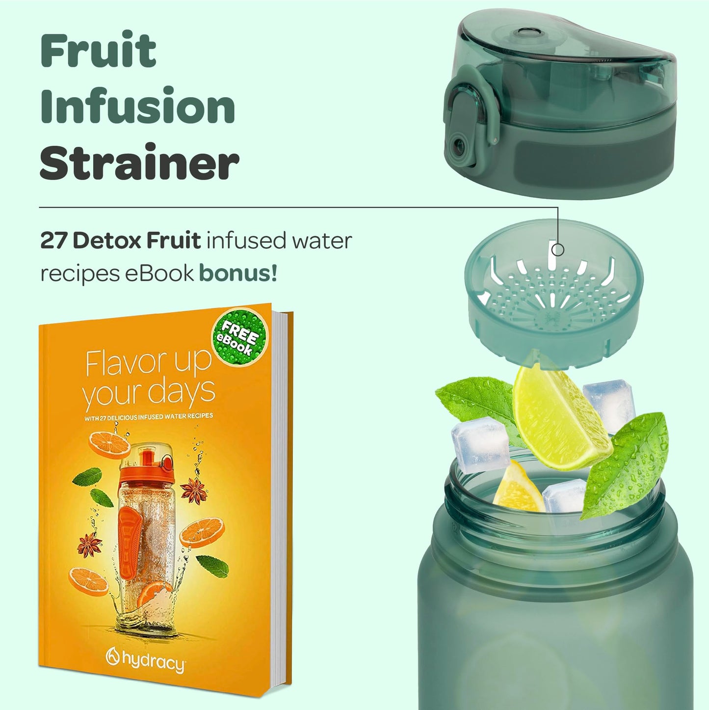 Hydracy Water Bottle with Time Marker - Large 32 oz BPA Free Gym Bottle & No Sweat Sleeve -Leak Proof Lid with Fruit Infuser Strainer & Times to Drink - Ideal for Fitness Sports & Outdoors
