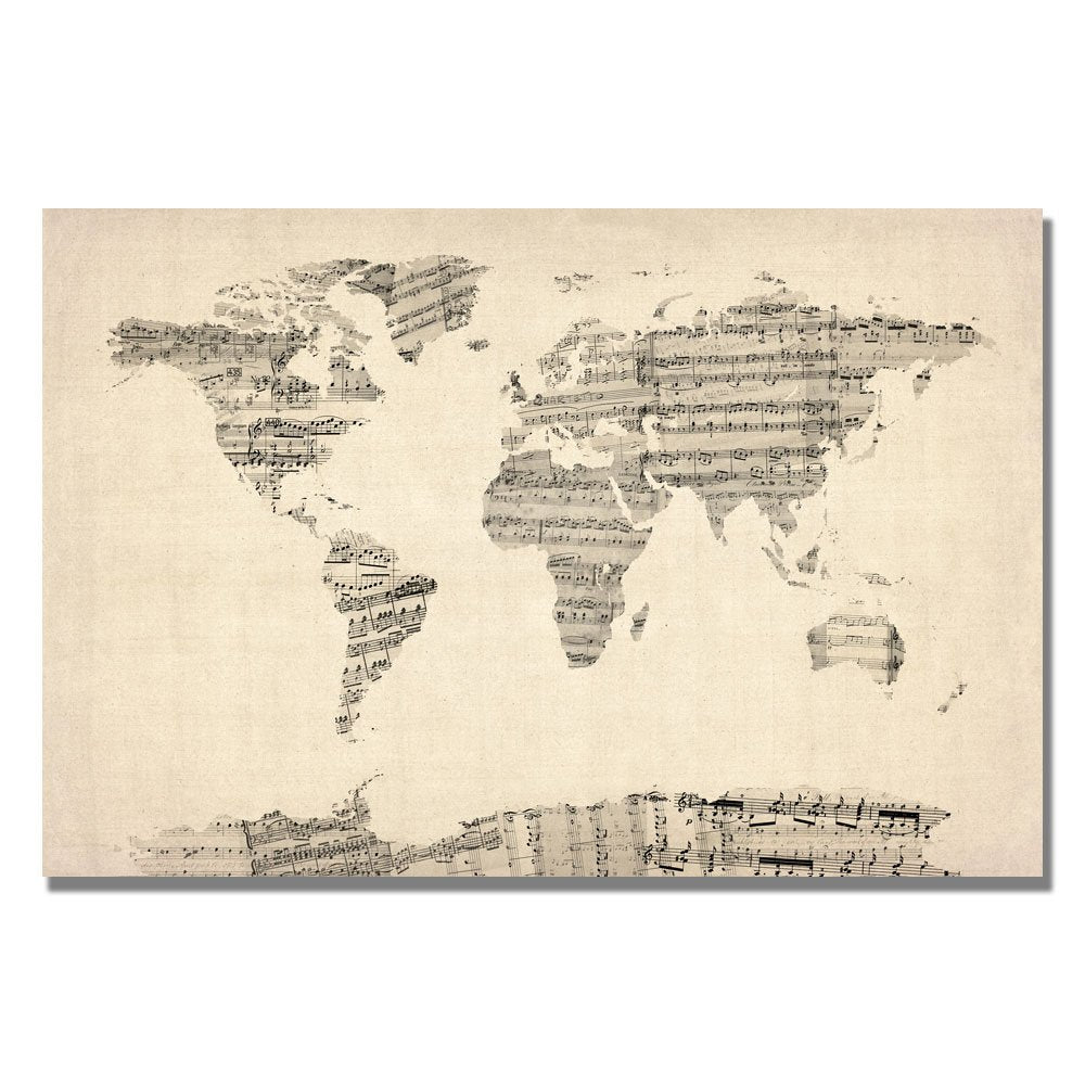 Trademark Fine Art Old Sheet Music World Map Artwork by Michael Tompsett, 18 by 24-Inch