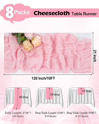 8 Pack Pink Cheesecloth Table Runner 21x120 Inch Boho Gauze Table Runners Rustic Light Pink Table Runner for Wedding Birthday Party Baby Shower Centerpiece Valentine's Day Home Decorations