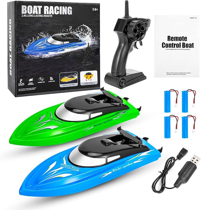 Lumiparty 2PACK RC BoatRemote Control Boats for Kids and Adults10km/H 2.4G High Speed Remote Control Boat Fast RC Boats for Pools and Lakes with 4 Rechargeable Battery. (Blue Green)