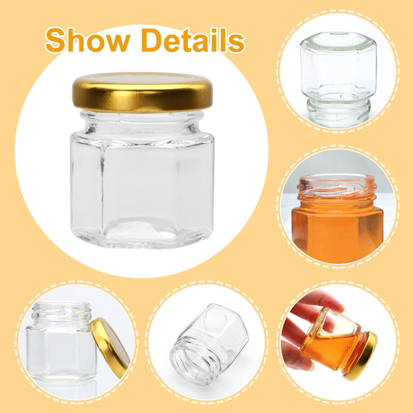 Encheng 60 Pack Small Glass Honey Jar with Lid, 1.5 oz Mini Mason Jars for Party Favor, Wedding Favor, Baby Shower, Hexagonal Honey Containers for Jam, Spices, Herbs, Candy, Sample, Candle, Crafts