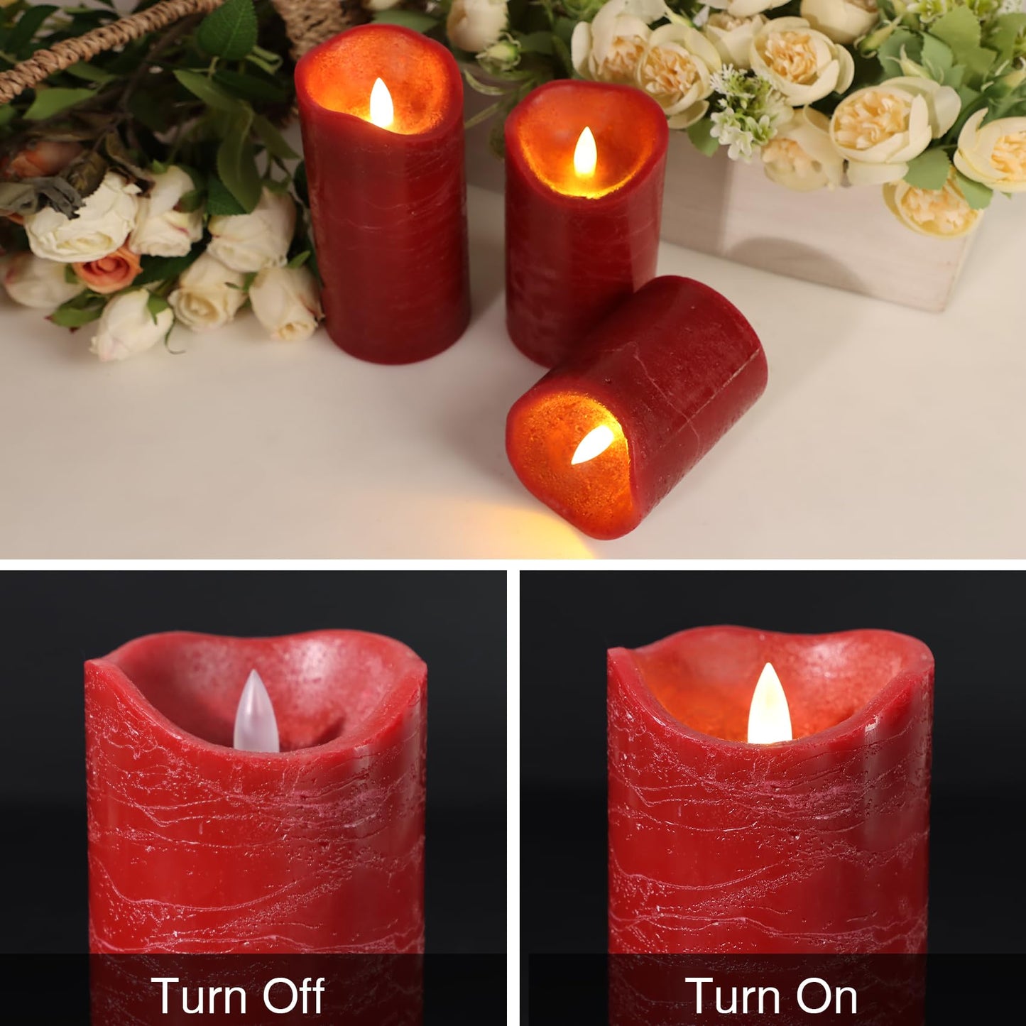 7LinRay Burgundy Flameless Candles with Remote, Real Wax Battery Operated LED Candles, Flickering Flameless Pillar Candles for Wedding, Festival, Set of 3