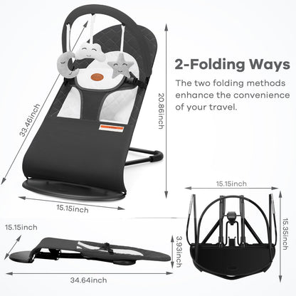 HKAI Baby Bouncer, Portable Baby Bouncer Seat for Babies 0-18 Months, 100% Cotton Fabrics, 3 Modes of use with Rocker and Stationary Options, Infant Rocker Chair with Hanging Toys-Dark Grey