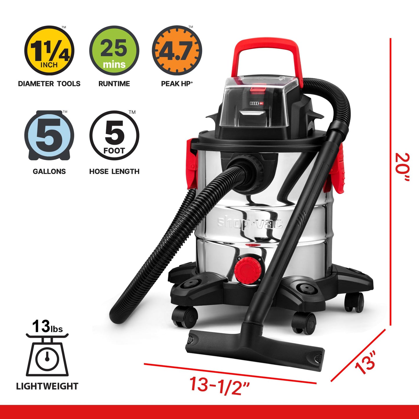 Shop-Vac 20V Wet/Dry Cordless Vacuum, 5 Gallon, 4.7 Peak HP, 10kPa Strong Suction & Blower, Portable Shop Vacuum, 4.0A Battery Powered for Car, Home and Garage