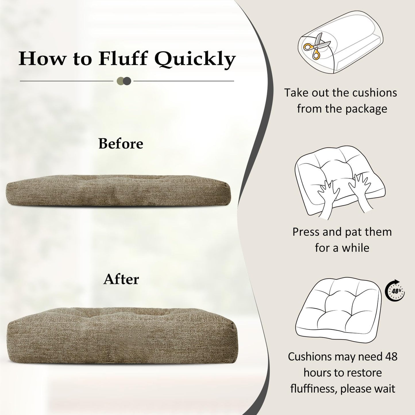 downluxe Chair Cushions for Dining Chairs 2 Pack, Tufted Indoor Chair Pads with Non-Slip Bottom, U-Shaped Kitchen Chair Cushions, 17"x17"x4", Khaki