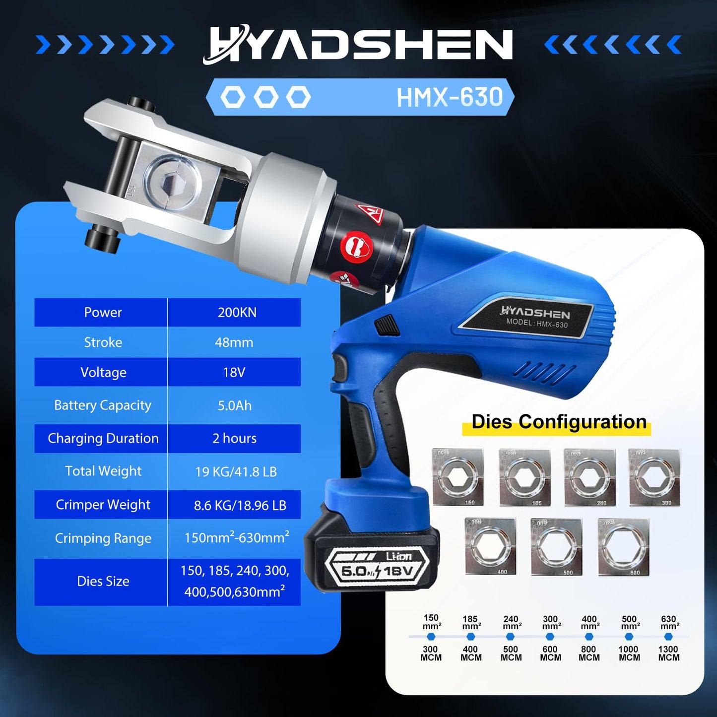 HYADSHEN Electric Hydraulic Cable Lug Crimper Pliers Rechargeable Crimping Tool 20 Ton Electrical Terminal Cable Wire Fiber Crimper Kit with 7 Dies (HMX-630)