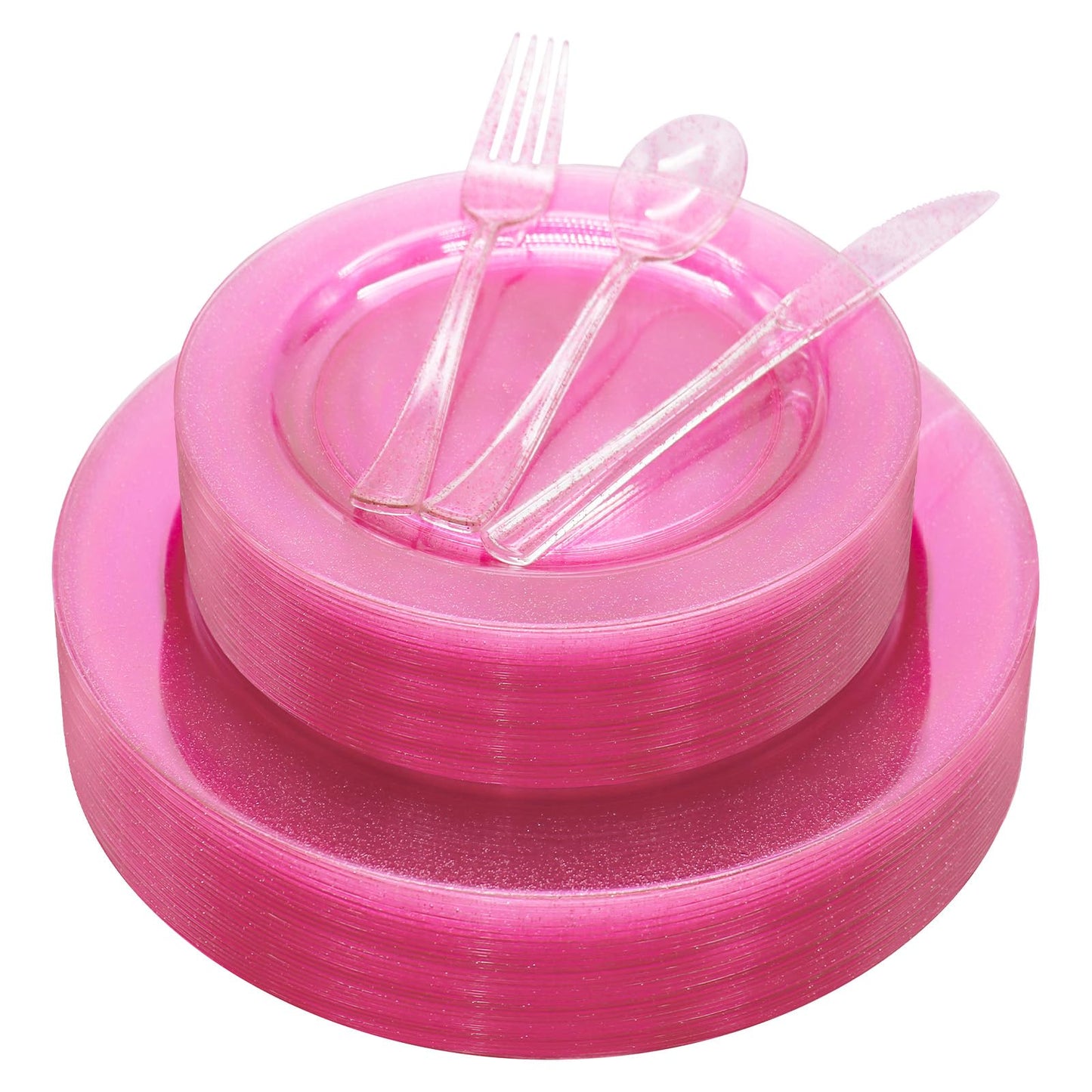 joy akkess 125 PCS Hot Pink Plastic Plates with Pink Plastic Silverware include 25 Dinner Plates 10.25”, 25 Dessert Plates 7.5”, 25 Forks, 25 Knives, 25 Spoons for Birthday, Bridal Shower,Girl Party