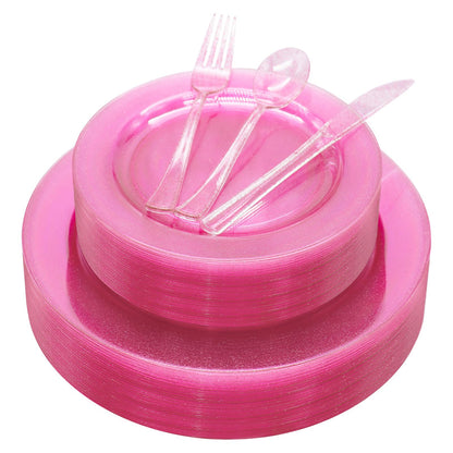 joy akkess 125 PCS Hot Pink Plastic Plates with Pink Plastic Silverware include 25 Dinner Plates 10.25”, 25 Dessert Plates 7.5”, 25 Forks, 25 Knives, 25 Spoons for Birthday, Bridal Shower,Girl Party