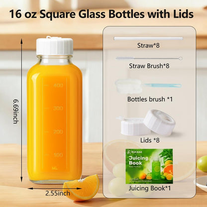 Ruckae 16oz 8 Pack Glass Juice Bottles with Hole Lids - Reusable Square Glass Juice Bottles with Leak-Proof Lid & Capacity Marks for Containers Juicing,Milk,Smoothies