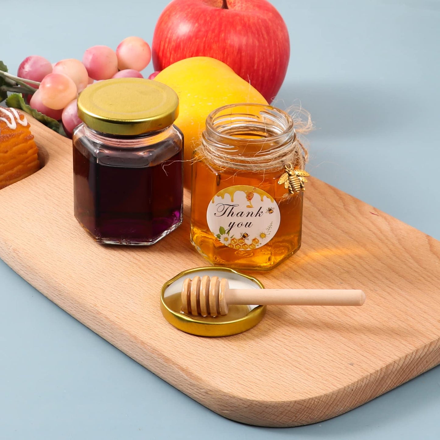 BIGIVACA 3 oz Mini Honey Jars - 30 Pack Hexagon Glass Jars with Wood Dippers, Gold Lids, Bee Pendants, Jutes, Stickers for Wedding Favors, Party Favors, Candle Making