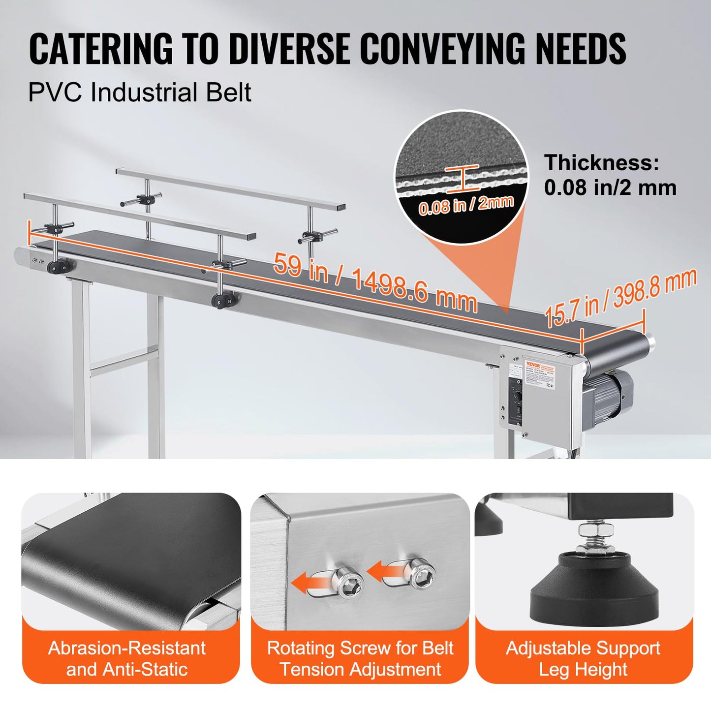 VEVOR Belt Conveyor, 59 x 15.7 inch ConveyorTable, Heavy Duty Stainless Steel Motorized BeltConveyor for Inkjet Coding Applications Powered PVCBelt Anti-Static Adjustable Speed (Double Guardrail)