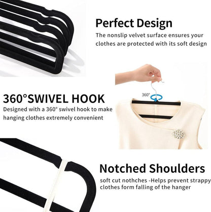 Velvet Hangers Non Slip - 20 Pack Pants Hangers for Closet - Thin Space Saving Clothes Hanger - Strong, Durable, Jean Perchas with 360 Degree Rotatable Hook for Tank Top (Black Silver Hook)