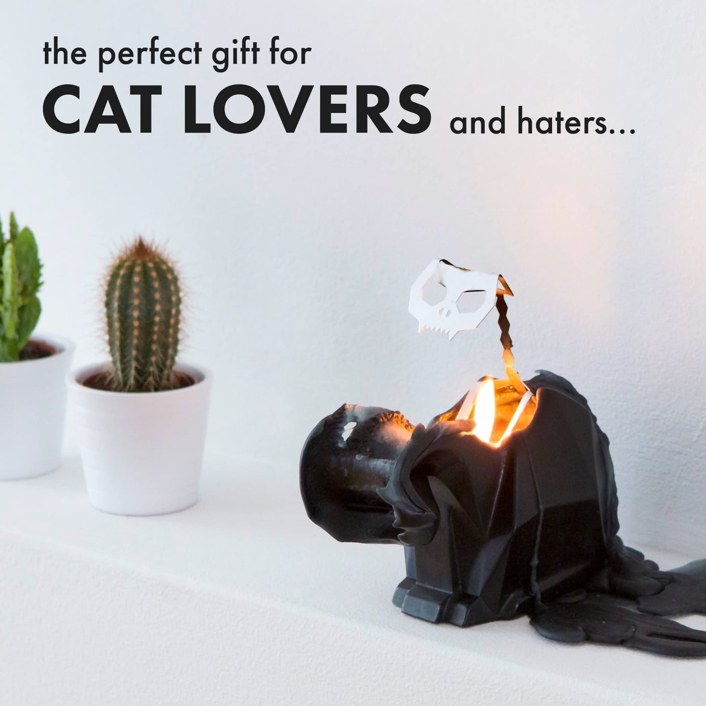 Pyropet Kisa Cat Candle with Skeleton Inside, Black, 20 to 25 Hour Burn, 6.7 x 2.9 x 4.5 in Sculptural Geometric Kitty and Creepy Cute Décor, Unique Melting Christmas Gift for Cat Lovers