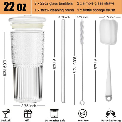ALINK Glass Cups with Lids and Straws, 22 oz High Borosilicate Clear Iced Coffee Glass Tumblers, Drinking Glass Smoothie Tea Water Cups, Pack of 2 with Cleaning Brush