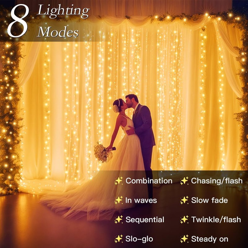 Soagrc 200 LED Curtain String Lights 9.8 * 6.6FT Plug in Fairy with Timer and 8 Modes, Waterproof Window Wall for Bedroom Wedding Party Indoor Outdoor Christmas Decor