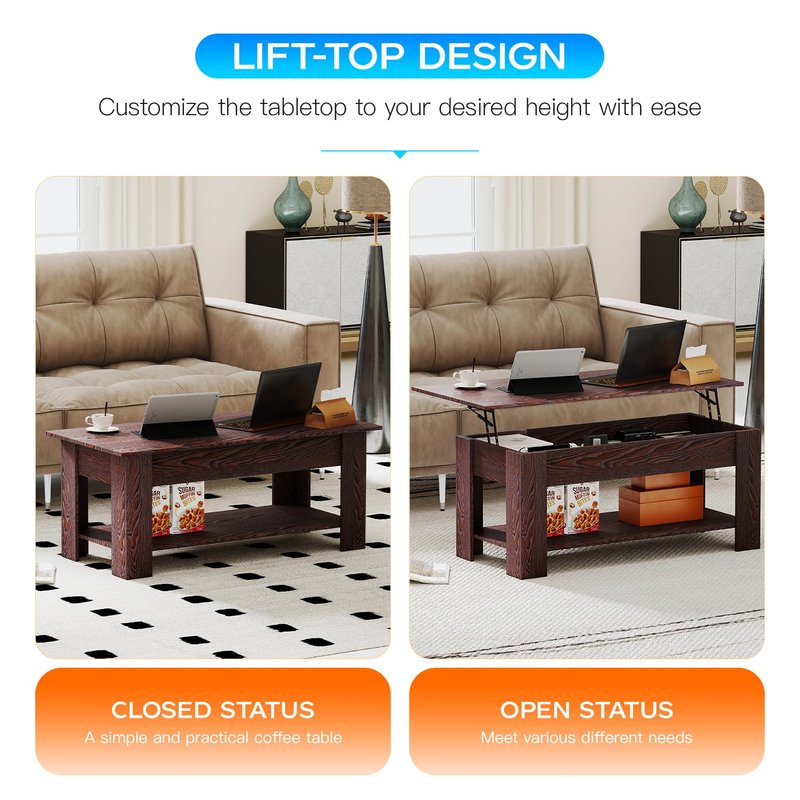 FDW 39 inch Lift Top Coffee Table with Hidden Storage Compartment & Lower Shelf,Coffee Table with Lift Top for Living Room,Home Small Space,Espresso