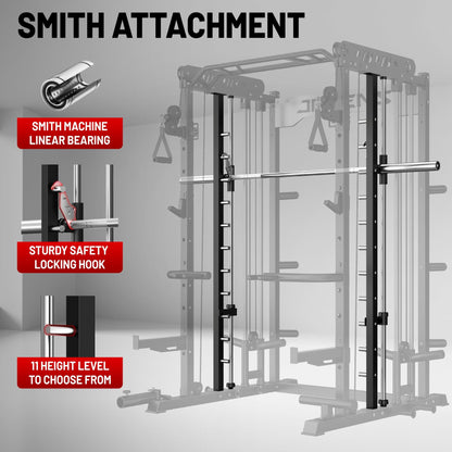 JELENS Smith Machine for Home Gym, Multi-Function M12 Power Cage, Squat Rack with Smith Bar and More Attachment (Black, 140LB Black Weights Package)