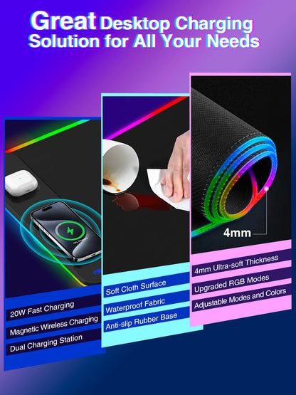 Mouse Pad with Wireless Charging, Large Desk Mat RGB Gaming Mousepad, 10 Light Colors LED Gaming Pad Keyboard Pad with Ultra-Smooth Surface & Non-Slip Rubber Base, Waterproof Full Desk Mouse Pad