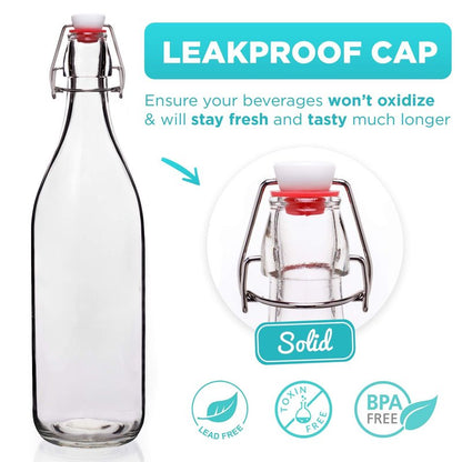 Swing Top Glass Bottles [1 Liter / 33 fl. oz.] [Pack of 4] – Flip Top Coquito Bottles for Kombucha, Fermentation, Beer, Kefir, Wine – Airtight Stopper Lids with Extra Gaskets, Funnel, Labels & More