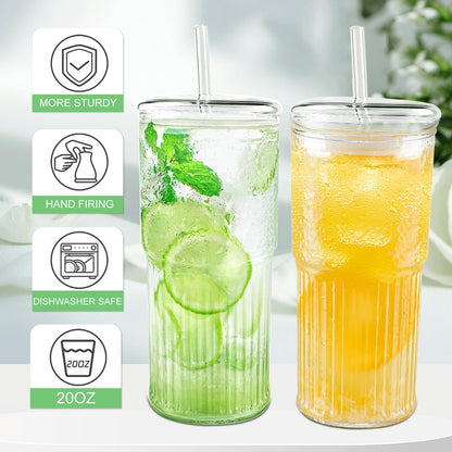 Luiaiog Glass Cups with Lids and Glass Straws, High Borosilicate 20OZ Tumblers (2Pcs) for Coffee, Tea, Juice, Smoothies, Hot/Cold Drinks at Home, Office