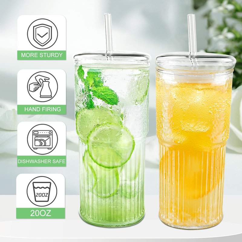 Luiaiog Glass Cups with Lids and Glass Straws, High Borosilicate 20OZ Tumblers (2Pcs) for Coffee, Tea, Juice, Smoothies, Hot/Cold Drinks at Home, Office（Creative Drink Label Design）