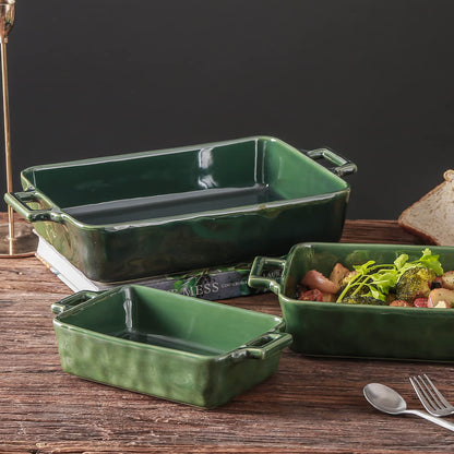 VICRAYS Ceramic Bakeware Set, Porcelain Rectangular Baking Dish, Baking Pan Lasagna Pans Casserole Dish Set for Cooking, Kitchen, Cake Dinner, Banquet and Daily Use, 3 PCS, 15 x 8.5 Inches(Green)