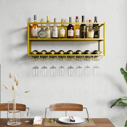 AKOGG Modern Wine Rack Wall Mounted with Glass Holder,Metal Liquor Shelf, Floating Bar Shelves,Liquor Bottle Display Shelf,Hanging Large Capacity Wine Storage Racks for Home Kitchen Dining Room