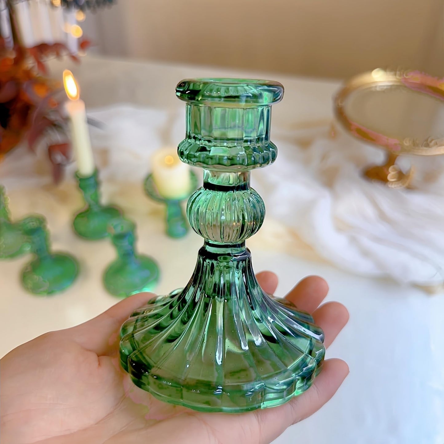 ECHFSM Glass Candlestick Holder,Striped Taper Candle Holders,Set of 6 Candle Stand for Table Centerpieces, Home Decor,Weddings,Festival and Parties (Green Stripe Pattern)