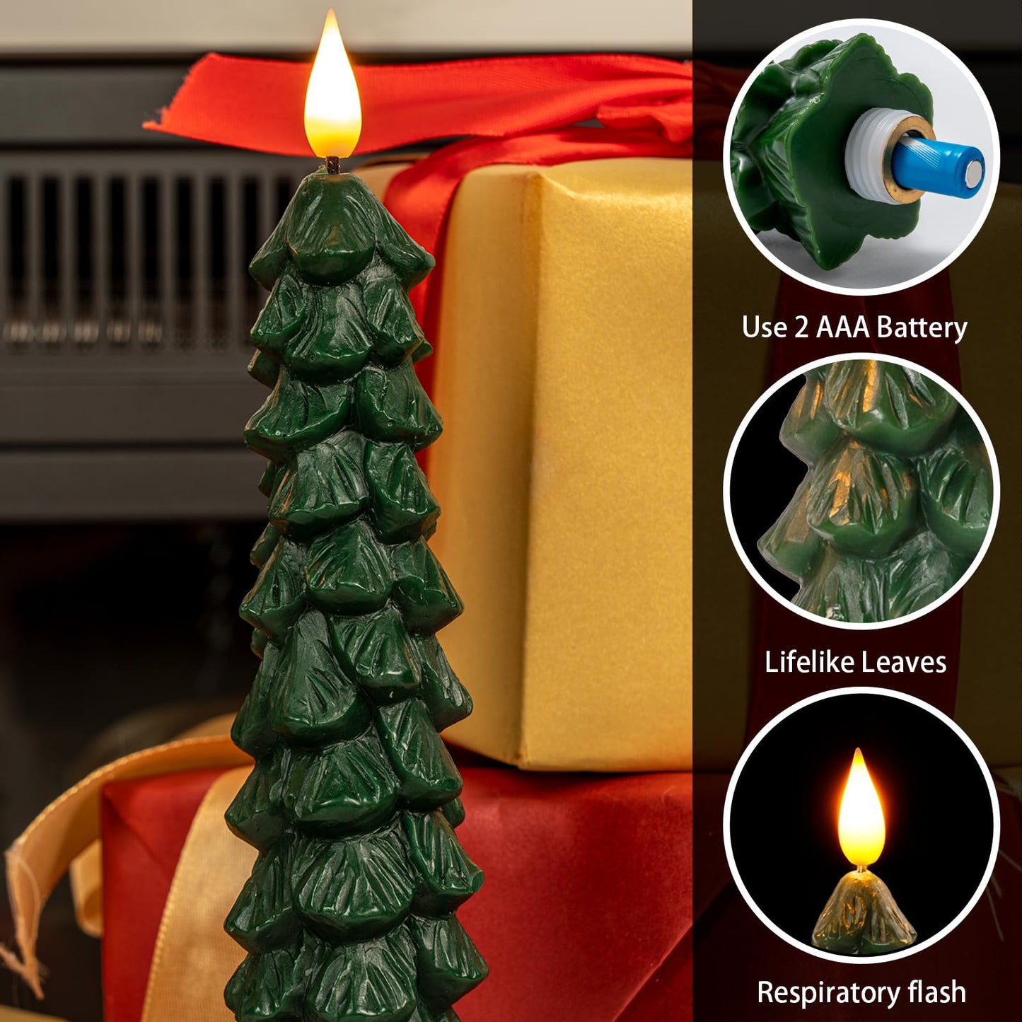 Homemory 3 Pcs Christmas Tree Candles with Remote, Waxy Flameless Taper Candles Flickering, Green LED Candlesticks Battery Operated for New Year Celebration Holiday Decorations 9.7 Inches