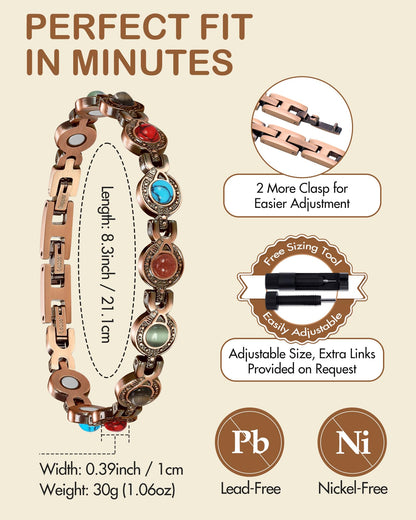 Feraco Pure Copper Bracelets for Women, Ultra Strength Magnetic Bracelet with 3800 Gauss Magnets & Natural Turquoise & Stones, Adjustable, Jewelry Gift (Circular)