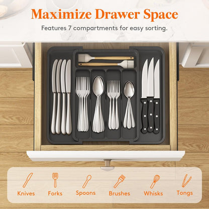 Lifewit Silverware Drawer Organizer, Expandable Utensil Tray for Kitchen, BPA Free Flatware and Cutlery Holder, Adjustable Plastic Storage for Spoons Forks Knives, 8.9-14.7 x 12.2", Black