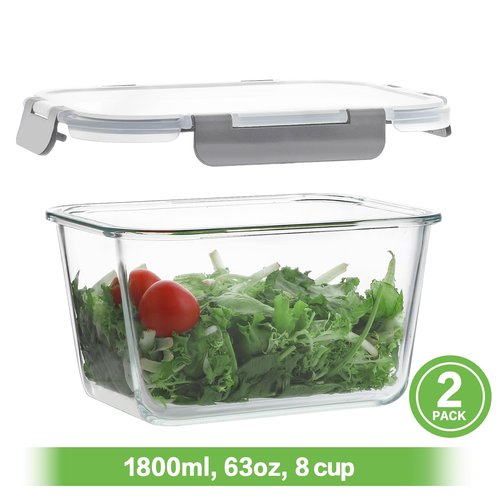 HOMBERKING 4 Pieces 63oz/8cup Large Glass Food Storage Containers with Lids, Meal Prep Containers, Airtight Bento Boxes with Leak Proof Locking (2 Containers 2 Lids), Microwave,Oven,Fridge Safe-Grey
