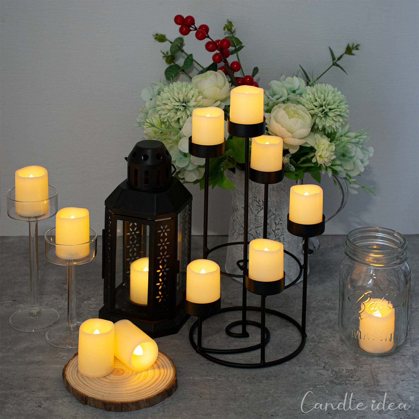 CANDLE IDEA 1.5" x 2" Flameless LED Votive Candles 12 Pack, Battery Powered Flickering Electric Outdoor Flameless Tea Lights, Fake Tealight Candle Bulk for Christmas, Thanksgiving Centerpieces Decor