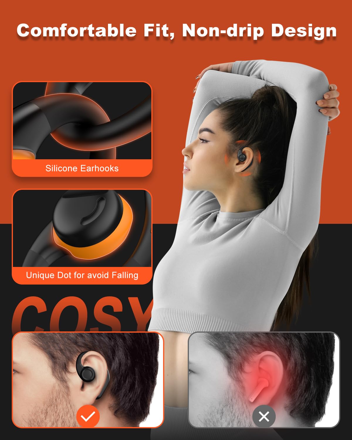 Jzones Open Ear Headphones Wireless Bluetooth 5.3, Open Ear Earbuds with Dual 16.2mm Dynamic Drivers 60 Hours Playtime Waterproof Sport Earbuds for Android iPhone TV,Black