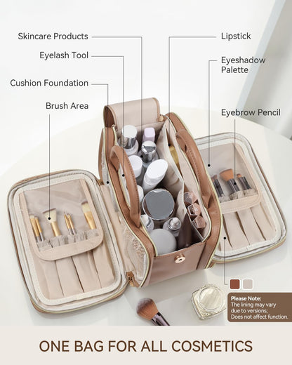 Prite Makeup Bag for Women, Large Capacity Waterproof Travel Cosmetic Organizer, Portable Open Flat Toiletry Bag with Free-standing Brush Holder and Handle(Brown Medium)