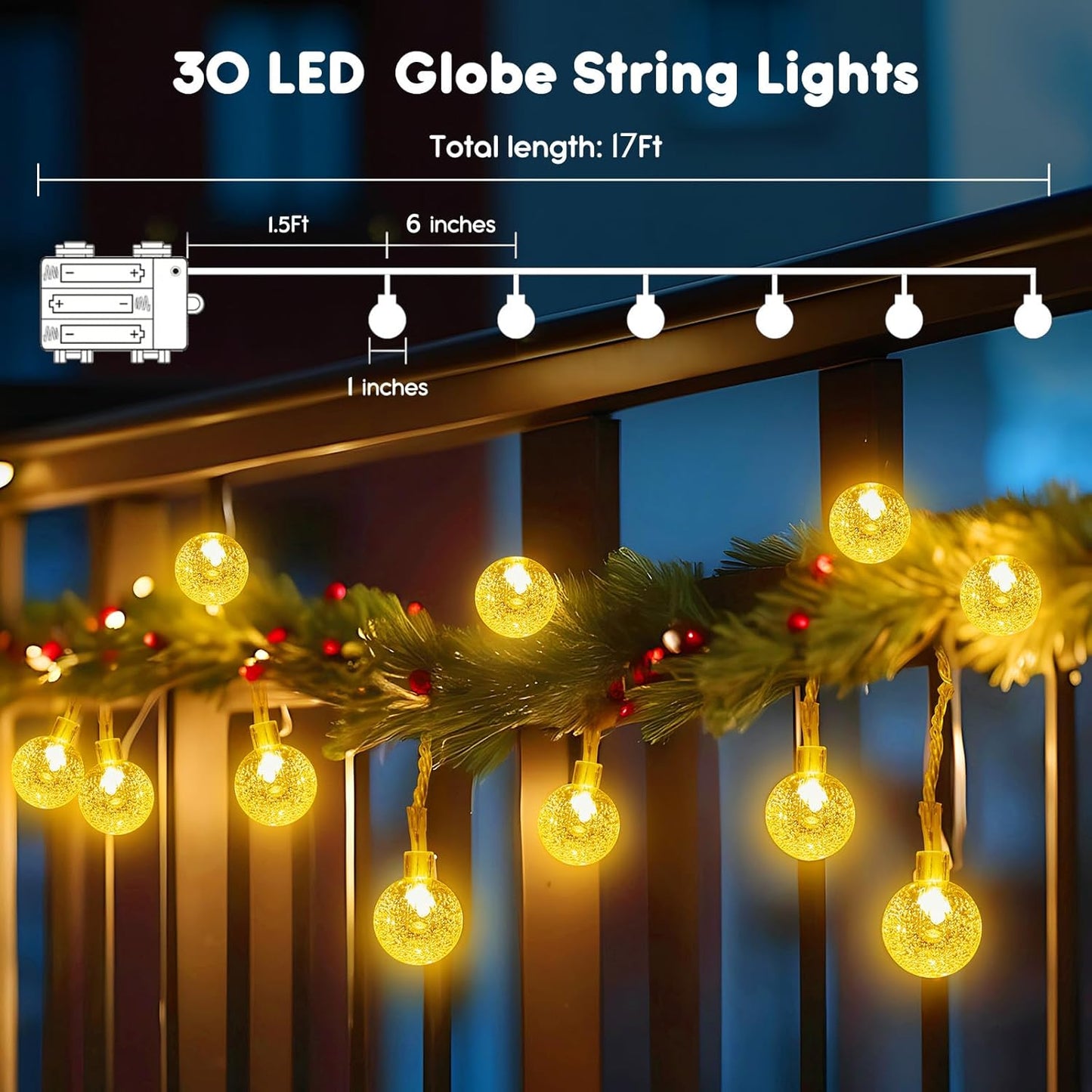 Minetom Crystal Globe String Lights - 30 LED Battery Operated Fairy Lights with Remote, 17 ft, Waterproof for Indoor/Outdoor Decor