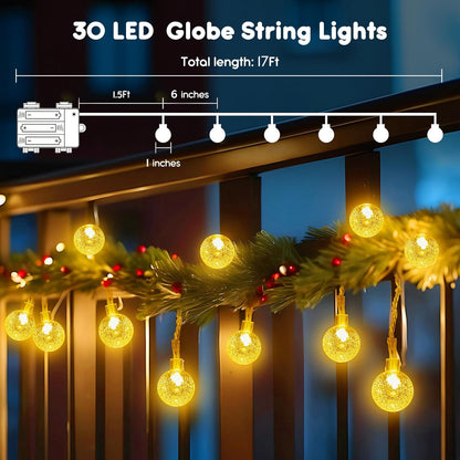 Minetom Crystal Globe String Lights - 30 LED Battery Operated Fairy Lights with Remote, 17 ft, Waterproof for Indoor/Outdoor Decor