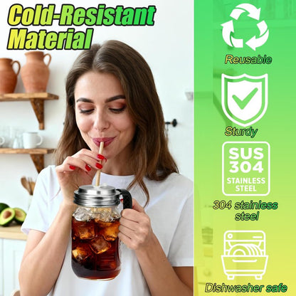 Palksky Mason Jar Lids with Straw Hole Wide Mouth, Stainless Steel Drinking Lid with Handle & Silicone Rings, Spill-Resistant Mason Jar Straw Lid for Iced Coffee, Juice, Lemonade (2 Packs)
