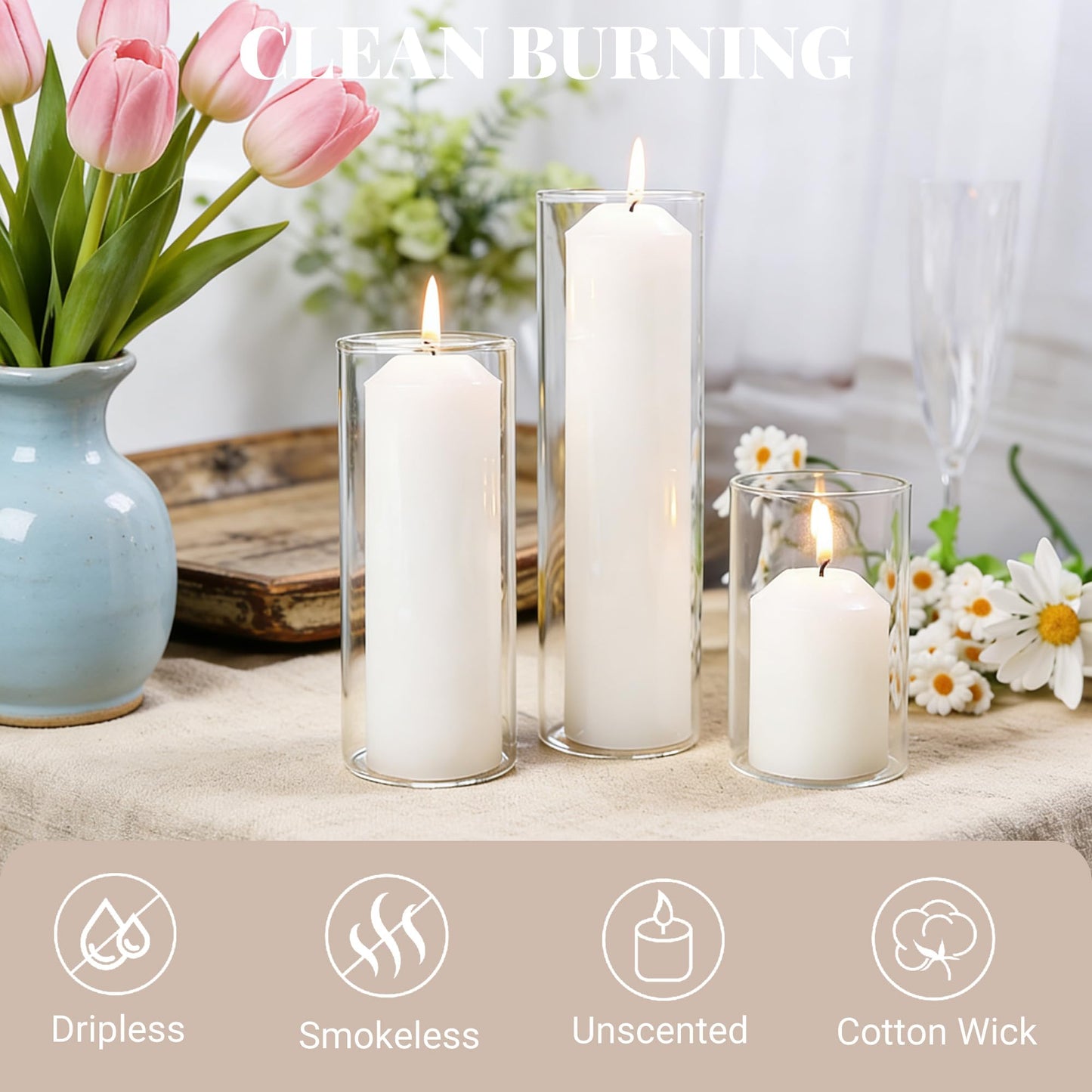 HTTBEIZI Pillar Candles Bulk Set - Unscented, Smokeless, Dripless | 3 Sizes (1 Each): 2x3, 2x6, 2x8 Inches | Ideal for Weddings, Christmas & Home Decor (3, White)