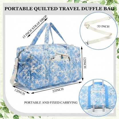 Dansydaisy Large Quilted Travel Duffle Bag for Women Floral Portable Gym Weekender Bag with Zipper Pockets Workout Grocery Pouch Duffle Gift Pouch for Work(Blue Floral)