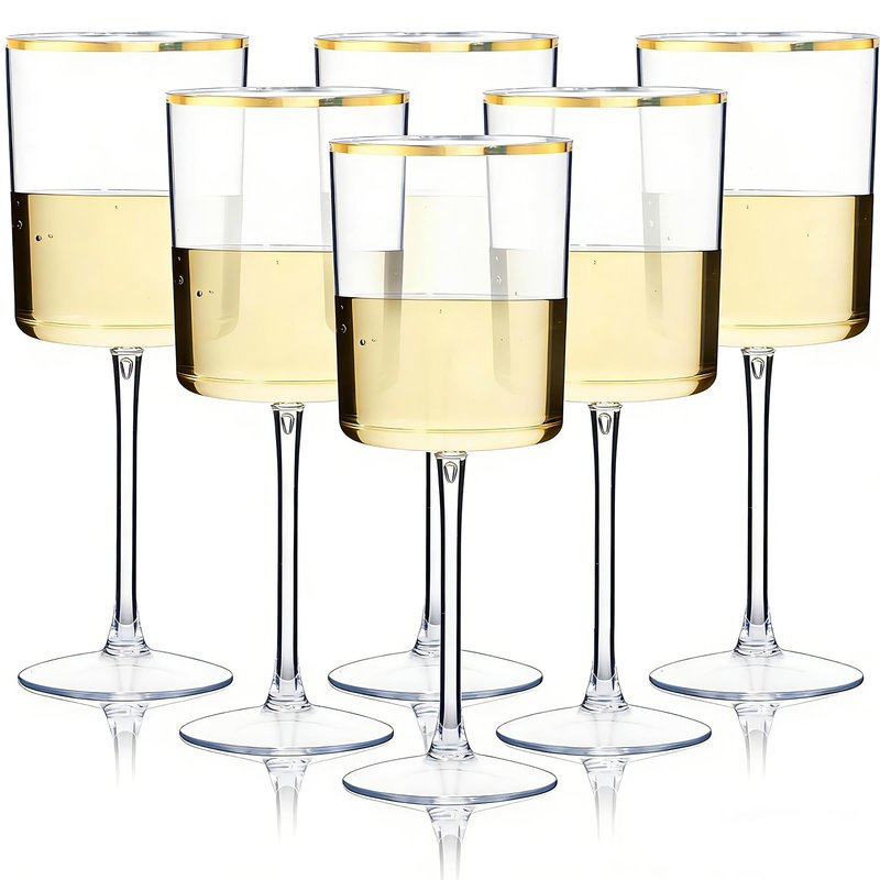 Ciaell 12 Pack 10 Oz Clear Plastic Wine Glasses with Red Stem - Disposable Cocktail Goblets Perfect for Parties & Weddings & Poolside & Outdoors & Camping & Party