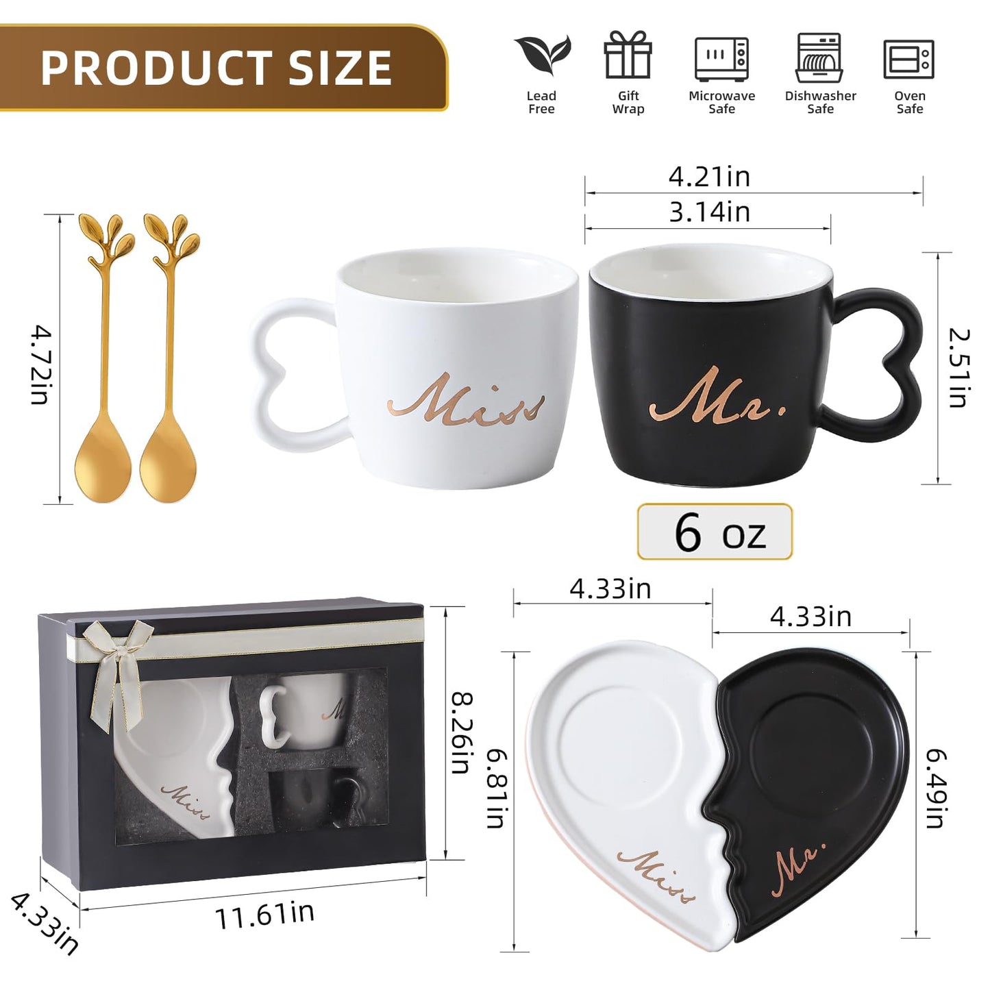 DELARLOCHEF 6Oz Mr and Mrs mug Heart Shaped Ceramic Mugs with Saucer & Golden Spoon. Perfect for Engagement, Wedding.Couple Mugs Graduation gifts father's day gifts