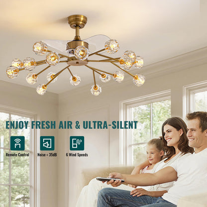 Siljoy 18 Lights Modern Crystal Ceiling Fan Light and Remote Control, Farmhouse Brass Gold Sputnik Crystal Fandelier, Reversible Ceiling Fan Light Kit for Living Dining Room Bedroom 42 Inches