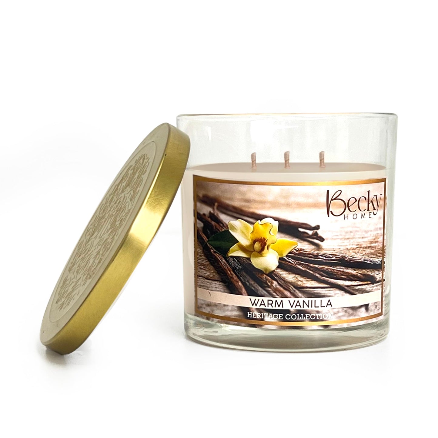 Becky Home Warm Vanilla 3 Wick Candle, 14.5oz, Large, Traditional, White, Glass Jar, 4" H x 4" D, 60+ Hour Burn Time, Indoor Use, 1 Count