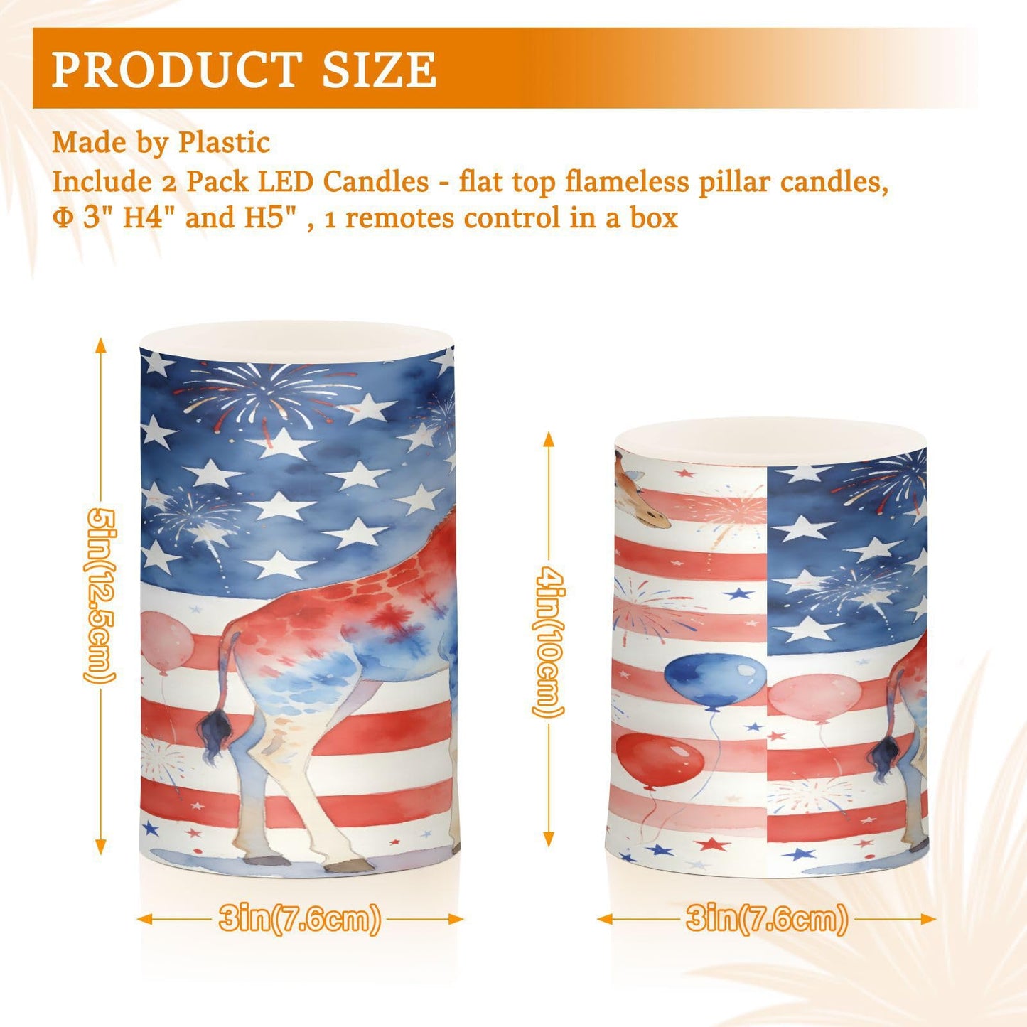 JULYTO Flameless Candles with Remote and Timer Pillar Set of 2 Flag Giraffe Fireworks Flickering Led Battery Operated Candles for Home Holiday Party Wedding (Not Include Battery),